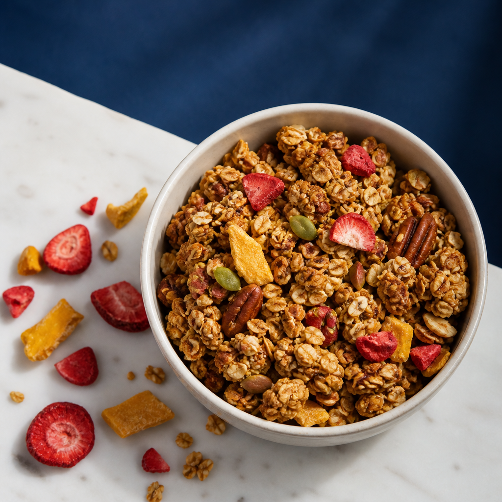 Хрусткі грудочки granola у мисці на мармурі, поруч шматочки сублімованої полуниці та манго